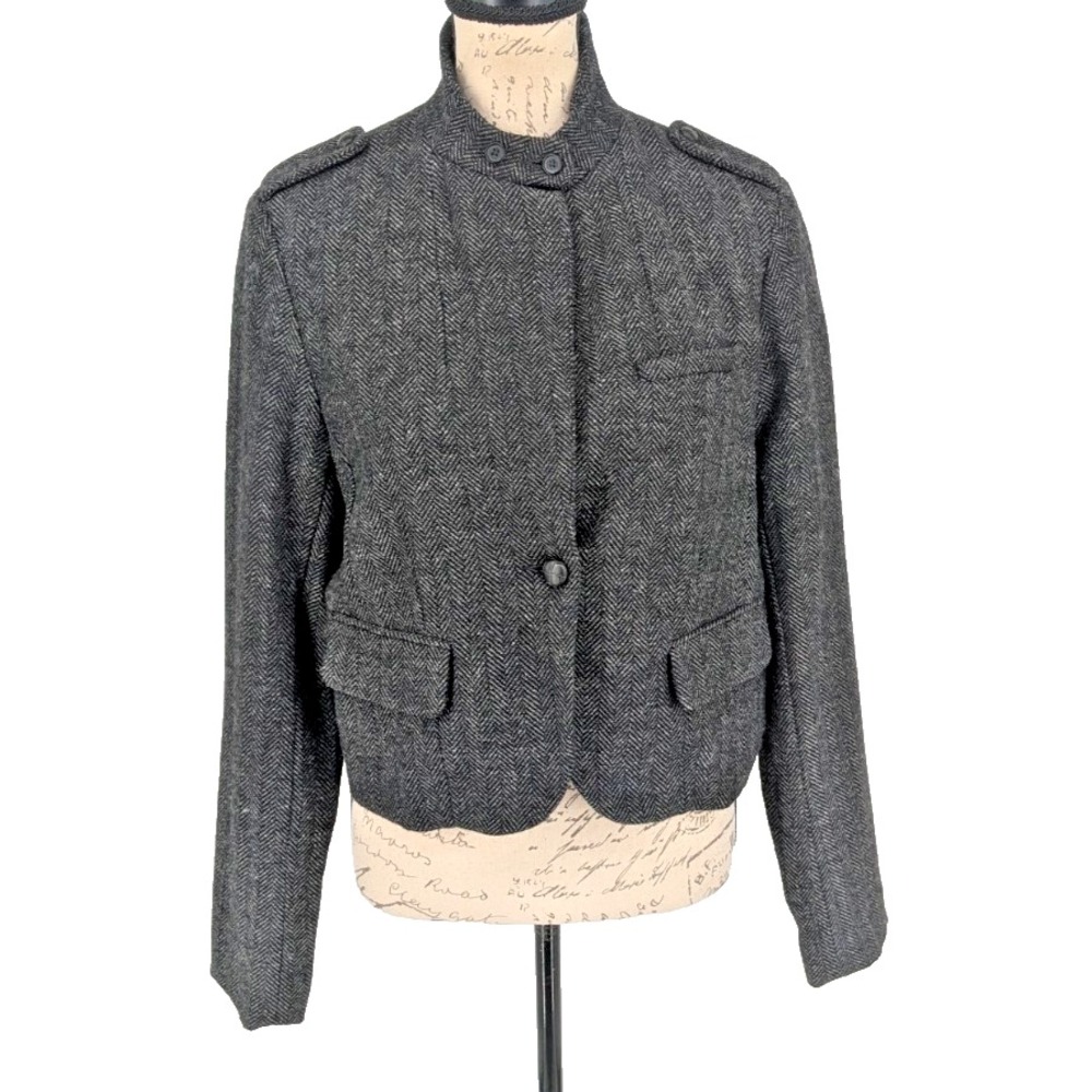 VTG Y2K American Eagle Womens Blazer Large Navy Herringbone Wool Blend Preppy